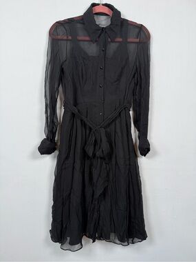 Sheer Long-Sleeve Black Dress with Tie Waist Embellished Cuff Great Condition